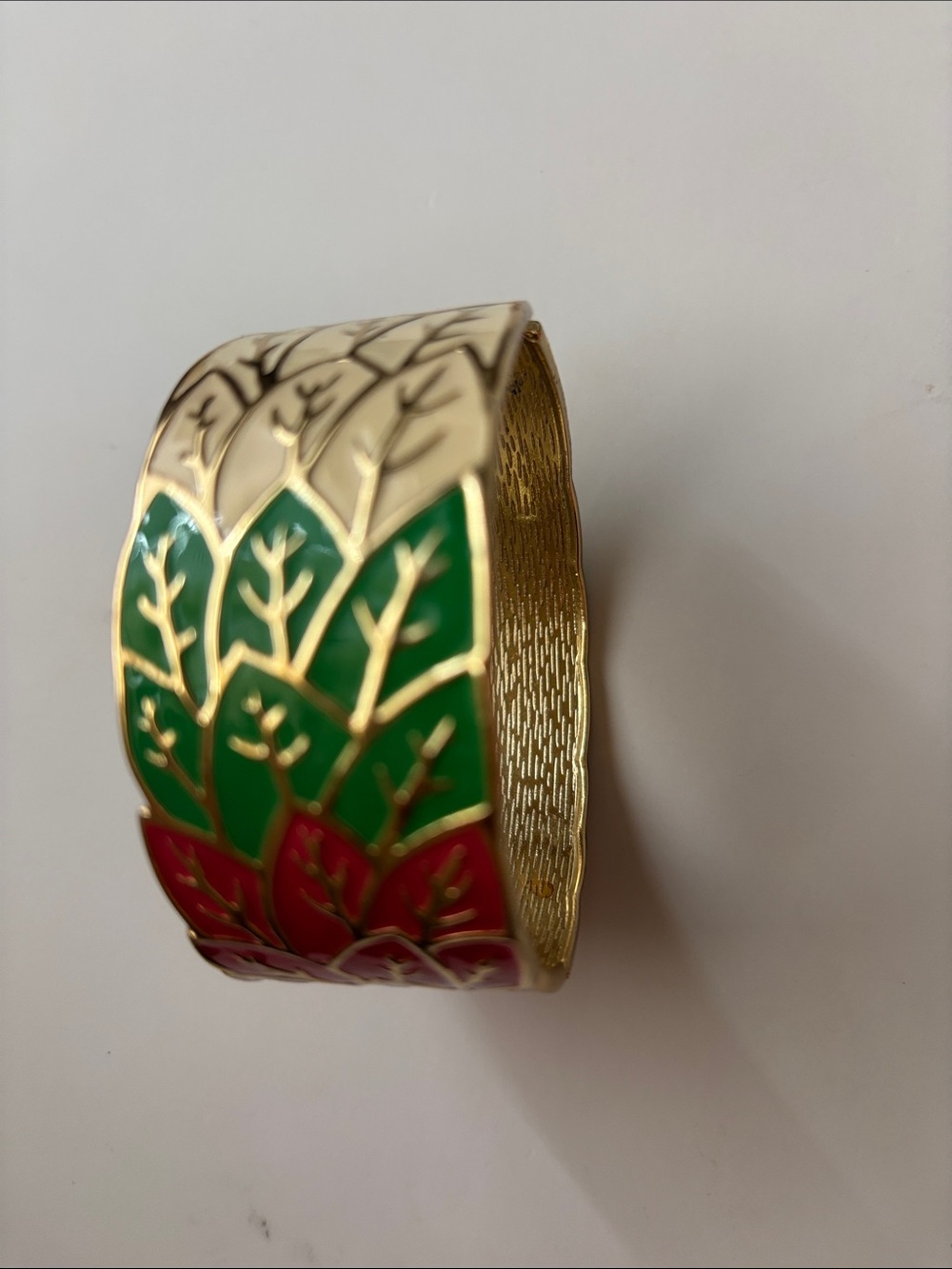 Gold-Tone Green and Red Leaf Enamel Cuff Bracelet